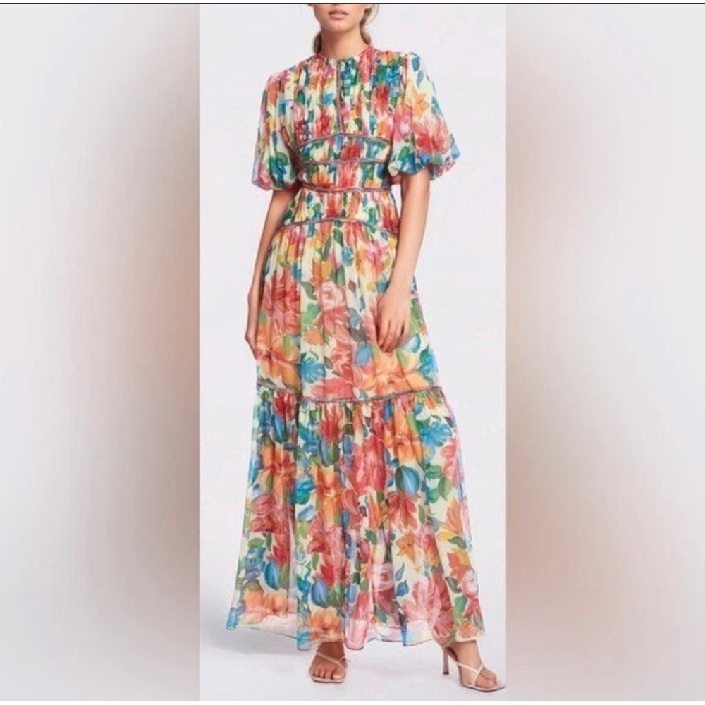 ONE33 Social sz 2 Floral Puff Sleeve Lace Up Back Maxi Dress Multicolor NWOT - Picture 9 of 9